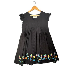 Black Eyelet Babydoll Embroidered Floral Mini Dress Size M Empire Waist Folk thumbnail 5