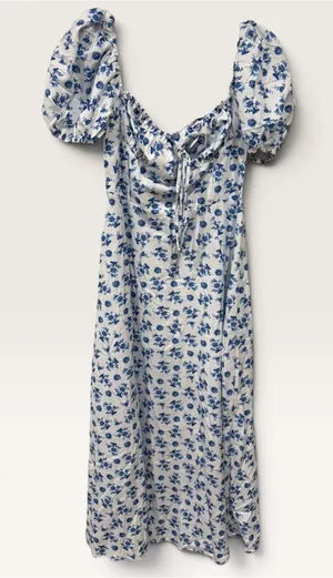 Blue Floral Puff-Sleeve Midi Dress Size M thumbnail 1