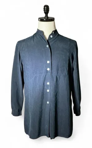 Ann Taylor‎ Silk Mandarin Collar Button Up Shirt Navy Blue Size Medium thumbnail 1
