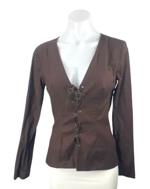 Reformation Caci Women's Brown Lace Up V Neck Long Sleeve Blouse Top Size 4 thumbnail 1