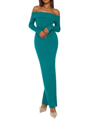 Nordstrom Off-Shoulder Teal Ribbed Maxi Dress - Elegant Women’s Evening Dress M thumbnail 2