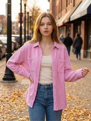 Aerie Lumber Jane Pink Terry Cloth Cotton Button Up Shacket - Size S thumbnail 1