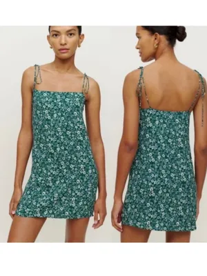 Reformation Agean Mini Dress Green Floral Print Tie Strap Shoulders Size 4 thumbnail 2