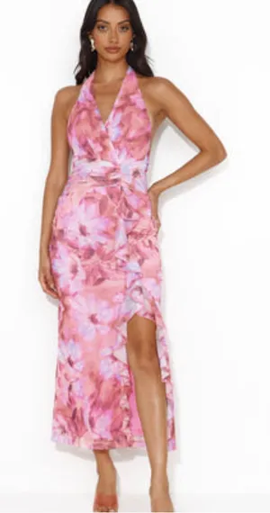 Hello Molly Pink Floral Halter One-Shoulder Midi Dress thumbnail 1