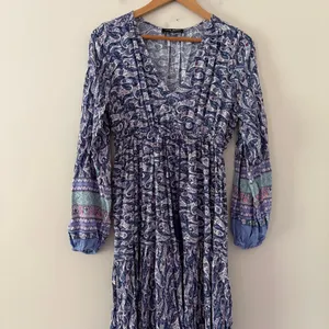 Few Moda Maxi Dress Small Blue Paisley Boho Tiered V-Neck Long Sleeve Drawstring thumbnail 2