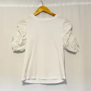 FRAME Ruched Tie‎ Sleeve Organic Cotton T-Shirt Blanc size Small thumbnail 2