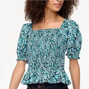 J. Crew Teal and Black Floral Smocked Peplum Blouse thumbnail 1