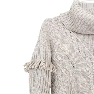 Artisan NY Wool Blend Tan Knit Turtleneck Sweater Fringe Sz M thumbnail 2