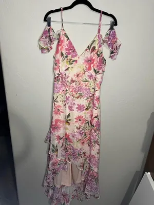 Lulus Watch Me Grow Pink Floral Cold Shoulder Hi-Low Ruffle Hem Midi Maxi Dress thumbnail 2