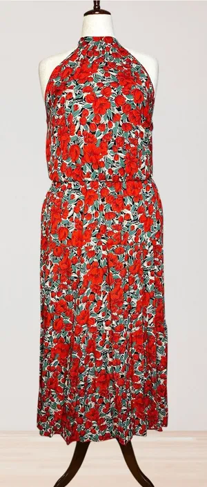 Red Floral Halter Midi Dress Size XXL thumbnail 1