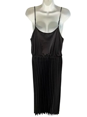 Rachel Zoe Pleated Satin Maxi Slip Dress Black L Scoop Neck Summer Goth Witchy thumbnail 4