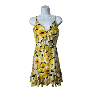Boohoo‎ Lemon Print Sundress Yellow Fruit Floral Cutout Summer Coquette Vacation thumbnail 3