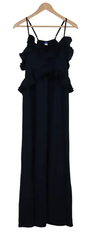 Old Navy Maxi Dress Womens L Tall Ruffle Tiered Navy Blue Spaghetti Strap Exc thumbnail 1