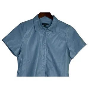 J.Crew Slim Fit ShortSleeve Faux Leather Shirt Snap Button Down 4 Dusty Sea Blue thumbnail 2