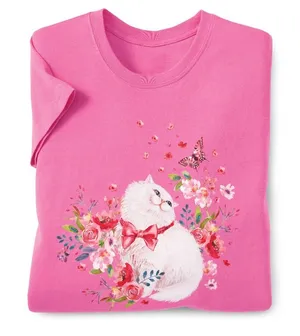 Azalea Sitting‎ Kitty Women Printed Tee Short Sleeve Causal Cotton Pink L thumbnail 1
