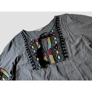 Solitaire Gray Embroidered Peasant Blouse Tassel Tie Long Sleeve Top Large thumbnail 12