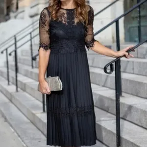 Zara Basic Black Lace Pleated Midi Dress Sz Large 3/4 Sleeves Sheer Back | 65-32 thumbnail 2