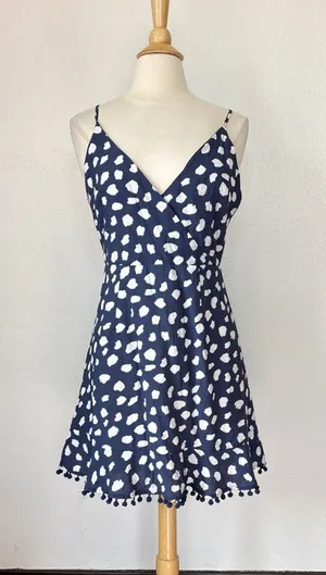 THML Navy Blue & White Pom Pom Trim V-Neck Sleeveless Dress thumbnail 1