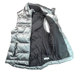 Athleta Womens Metallic Silver Down Puffer Vest Mock Neck Chevron Quilt Size M thumbnail 1