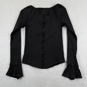 We The Free Free People Black Ribbed Bell Sleeve Top Button Cuff‎ Size M thumbnail 8