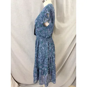 Voy Teal Blue Floral‎ Midi Dress Smocked Waist Flutter Sleeve L Cottagecore thumbnail 8
