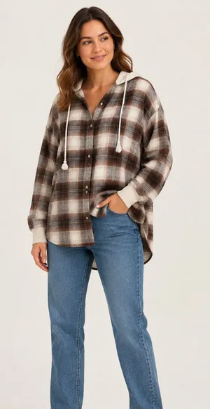 American Eagle Brown Plaid Hooded Flannel Shacket Women’s Small thumbnail 1