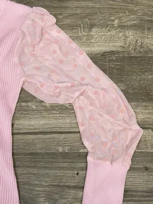 No Comment NY-LA Pink Ribbed Bodycon Sweater Dress Sheer Polka Dot Puff Sleeves thumbnail 7