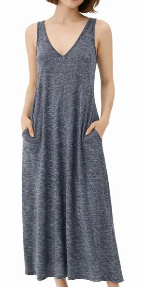 Lou & Grey Blue White Striped Maxi Dress‎ XS Cotton Knit A-Line V-Neck Pockets thumbnail 1
