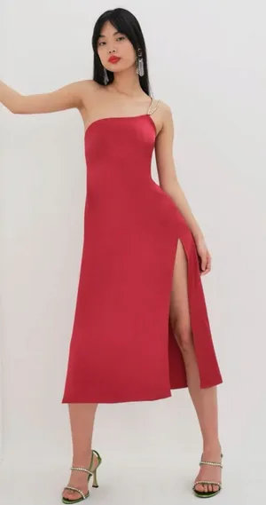 For Love And Lemons Elora Midi Dress Red Medium NWT Evening Party Slit Holiday thumbnail 1