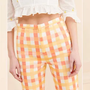 Free People She's All That Printed Checker Pants Orange‎ Yellow White 4 High Rise thumbnail 4