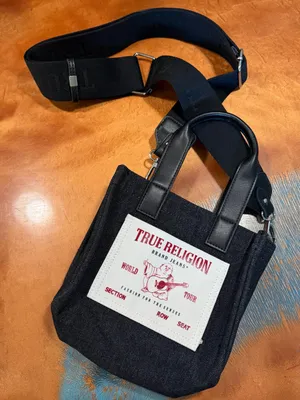 True Religion Black Gray Canvas Messenger Bag Logo Buddha Patch adjustable strap thumbnail 1
