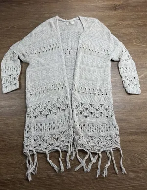 Hollister Cardigan Womens S Cream Crochet Open Knit Fringe Boho Cotton Duster thumbnail 1