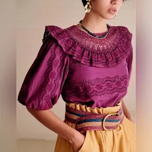 Sézane Elsa Blouse Eyelet Embroidered Ruffled Openwork in Purple Violet sz36/US4 thumbnail 1