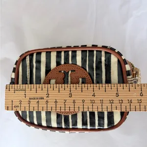 Tory Burch Black & White Striped Cosmetic Pouch Brown Logo Trim thumbnail 4