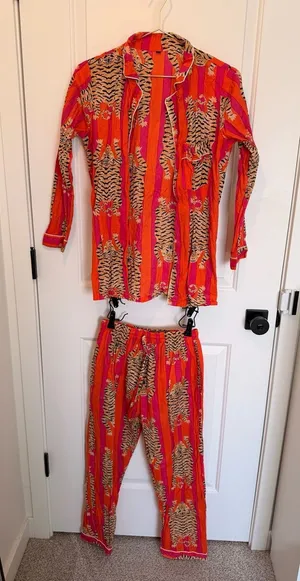 Cotton Long Pajama Set in Tibetan Tiger Pink & Orange thumbnail 1