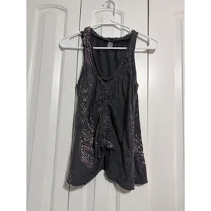 Free People Tank Top Boho Distressed Charcoal Purple Braided Ruched Medium thumbnail 2
