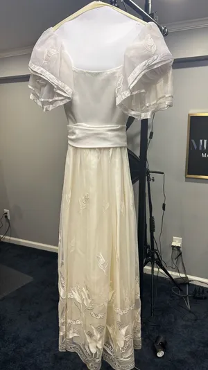 White Sheer Overlay Midi Dress with Embroidered Skirt thumbnail 1
