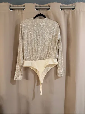 H&M Sequin V-Neck Bodysuit in Cream thumbnail 3