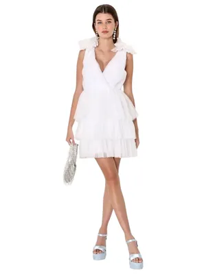 Sz L Lulus Dramatic Arrival White Tulle Tiered Surplice Mini Dress thumbnail 2