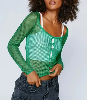 NWT Nasty Gal Crochet Net Green Cardigan in Green Size Small‎ thumbnail 1