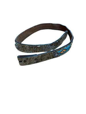 Women’s Ariat hair on cowhide leather, turquoise beaded and rhinestone belt Medi thumbnail 4
