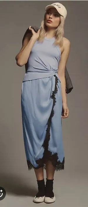 Anthropologie Ribbed Tank Lace Trim Midi Dress Purple Ruched Waist Size M twofer thumbnail 1