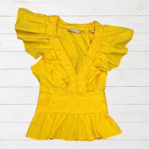 Ramy Brook Emilia Yellow Peplum Ruffle Flutter Sleeve Top XS thumbnail 2