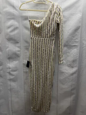 Lulus NWT Silver Sequin Elegant Occasion One-Shoulder Tulip Hem Midi Dress XSS thumbnail 9