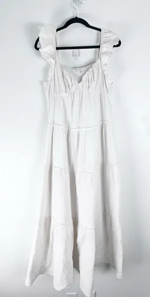 FREE THE ROSES 100% Cotton White Gauzy Tiered Lined Pockets Midi Dress Medium thumbnail 1