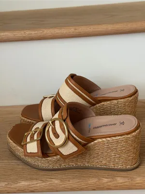 Wedge Slide Sandal in Tan and Cream with Buckle thumbnail 6