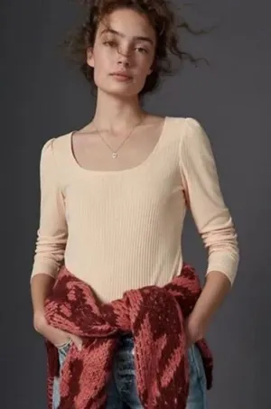 Anthropologie Peach Ribbed Long Sleeve Scoop Top Size Small‎ thumbnail 1