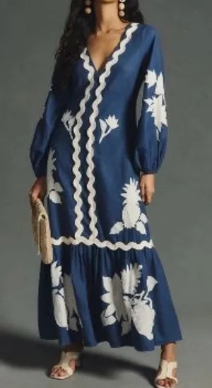 Farm Rio Navy Blue White Floral Embroidery long sleeves Maxi Dress S XS thumbnail 1