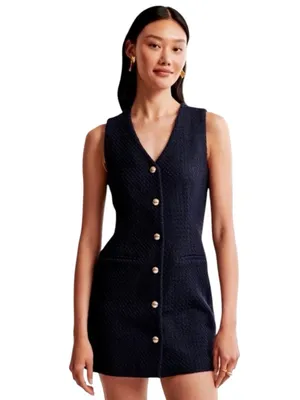 Abercrombie - Mara Tweed Vest Mini Dress Black Gold Buttons Sz Large Tall thumbnail 2