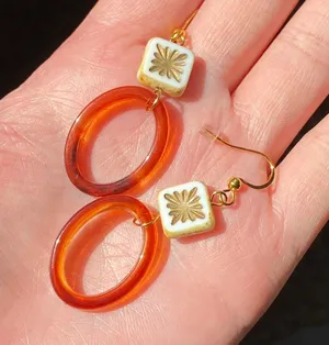 Handmade quality square Czech glass beads & oval hoops chic fairy boho vintage retro style dangle earrings🌿✨ thumbnail 6